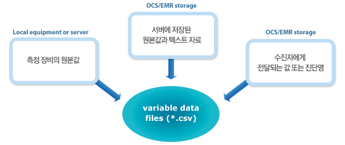 Local equipment or server
-측정 장비의 원본값

ocs/emr storage
-서버에 저장된 원본값과 텍스트 자료

ocs/emr storage
-수진자에게 전달되는 값 또는 진단명