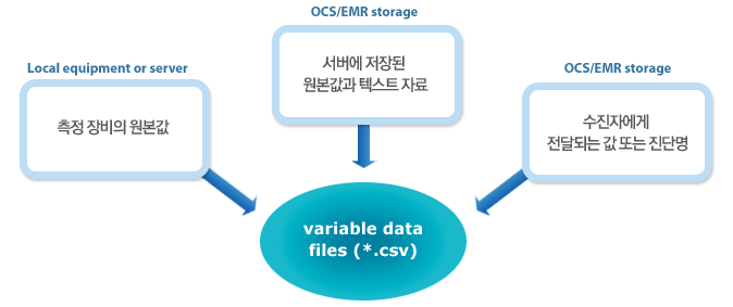 Local equipment or server
-측정 장비의 원본값

ocs/emr storage
-서버에 저장된 원본값과 텍스트 자료

ocs/emr storage
-수진자에게 전달되는 값 또는 진단명